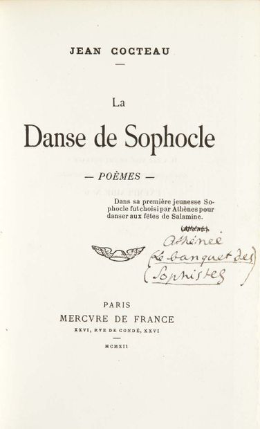 Jean COCTEAU. La Danse de Sophocle. Paris, Mercure de France, 1912. In-12 : demi-maroquin...