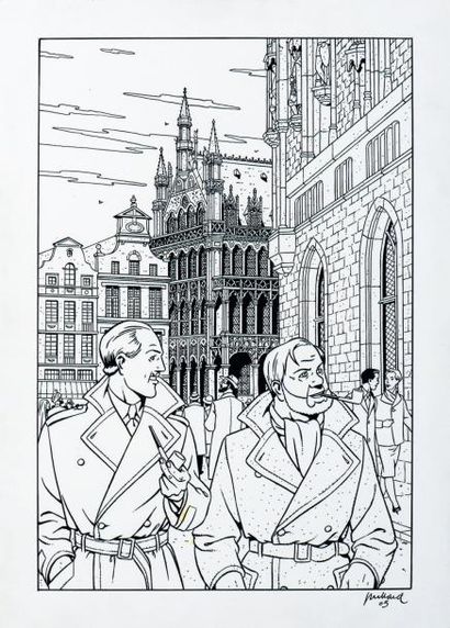 Andre Juillard (1948) Blake et Mortimer: « La Grand Place » Dessin original à l'encre....