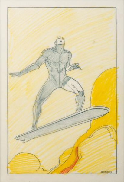MOEBIUS (1938) Silver Surfer Dessin noir à la plume rehaussé de crayon de couleurs....