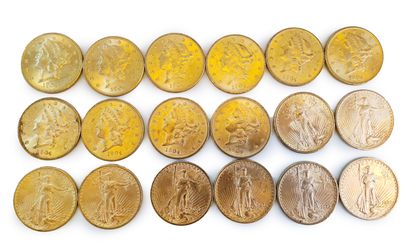 Lot of 18 gold 20-dollar coins. 

Years:...
