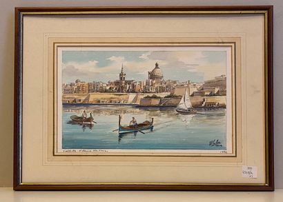 null Lot of the three compositions representing a view of the port of Valletta, a...