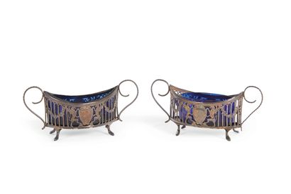  Pair of silver salt shakers "navettes", with two handles, decorated with pink garlands,...