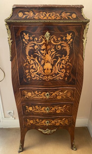 null Secretary made of veneer wood with floral marquetry decoration, ornamentation...