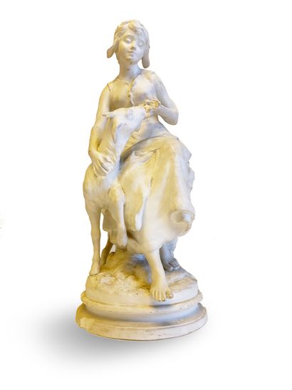 null E. SPERLACKEN Young girl with goat Sculpture in biscuit signed on the terrace,...