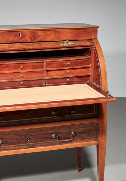 null Secretary with mahogany cylinder and burr mahogany veneer decorated with brass...