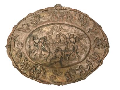 null PLAQUE of oval form out of embossed lead representing the banquet of the gods...