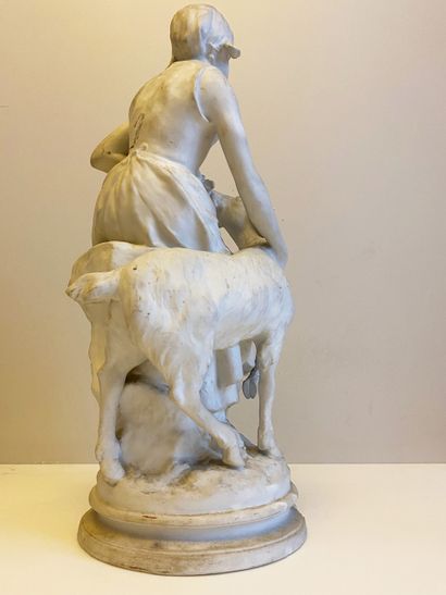 null E. SPERLACKEN Young girl with goat Sculpture in biscuit signed on the terrace,...