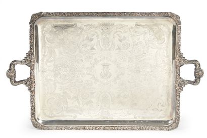 null Large rectangular silver-plated metal tray with engraved decoration of flowering...