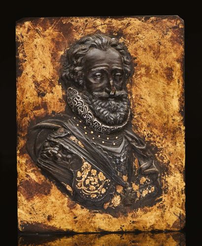 Iron plate embossed in high relief, gold...