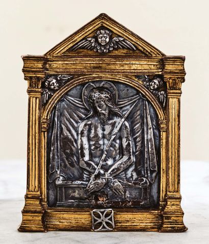 null Gilt bronze and silver Kiss of Peace representing the Man of Sorrows. In an...