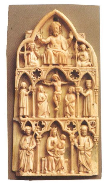 null Deeply carved ivory plaque representing scenes from the New Testament. The six...