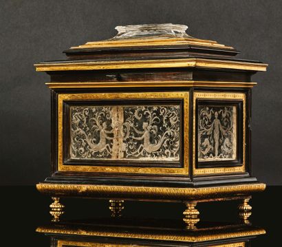 Box made of ebony and ivory veneer, engraved...