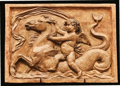 null Pair of large terracotta tiles representing in high relief putti riding sea...