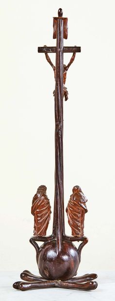 null Crucifix made of fruit wood carved in the round. The stipe of the cross is in...