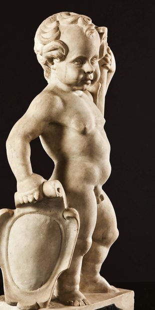 null Hercules as a child, sculpted in marble, with a rough back. Standing with his...