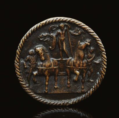null Round bronze plaque with a light brown patina representing the Triumph of a...
