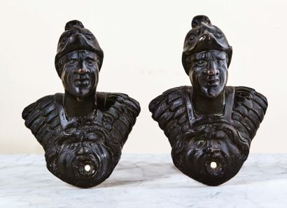 null Pair of important black patina bronze door handles representing busts of soldiers...