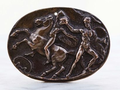 null Plaquette ovale en bronze à patine brune représentant Timeter et Turnus (ou...