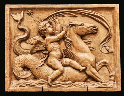 null Pair of large terracotta tiles representing in high relief putti riding sea...