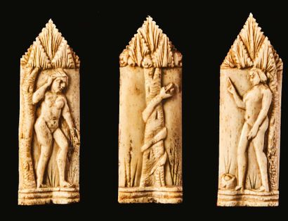 null Set of three large carved bone plaques depicting Adam and Eve around the Tree...