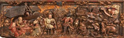 null Very important walnut panel carved in high relief, polychromed and gilded representing...