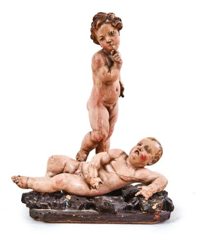null Groupe en bois sculpté en ronde-bosse et polychromé se composant de deux enfants...