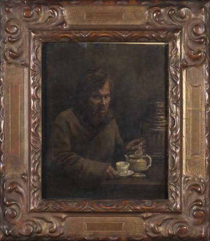 Ecole de l'Est Homme à la tasse, vers 1880 Huile sur toile. H_27 cm L_22 cm