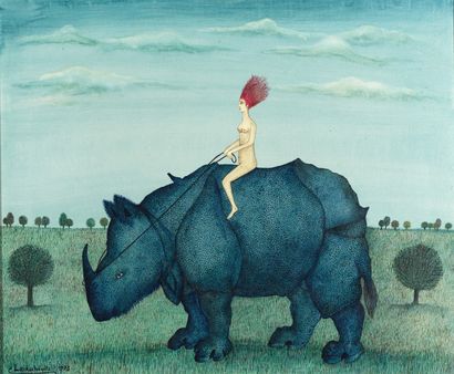Lackschéwitz Femme assise sur un rhinocéros, 1973 Huile sur toile. Signée et datée...