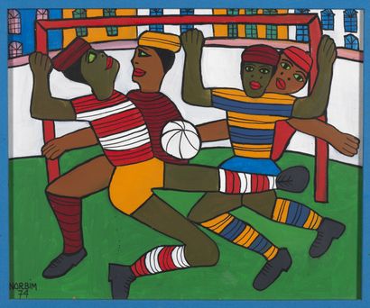 Evandro Norbim (Né en 1934) Joueurs de Football, Brasil, 1974 Huile sur toile. Signée...