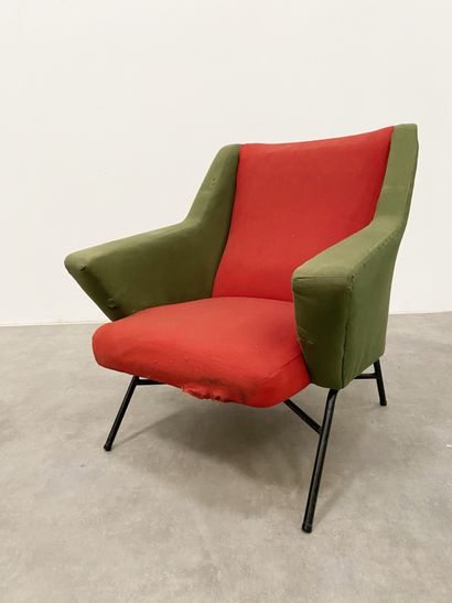 null French WORK OF THE 1960S Pair of armchairs Green and red fabric, black lacquered...