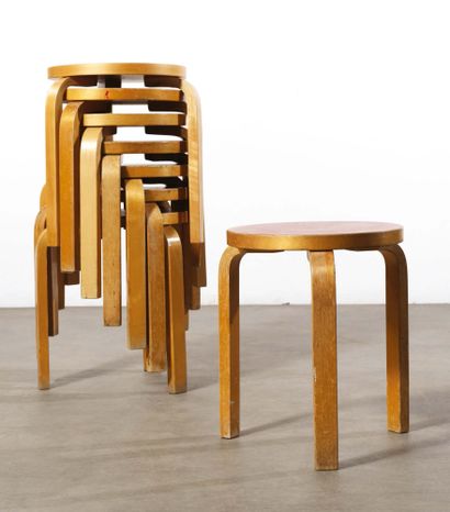 Alvar Aalto (1898-1976) 

Series of eight stools model "60" Bent laminated beech...