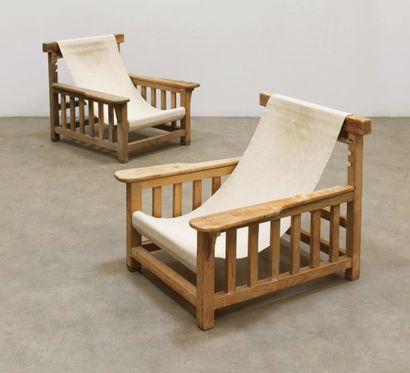 robert Mallet Stevens (1886-1945) 
Pair of armchairs model "Hamac"
Oak and fabric
Oak...
