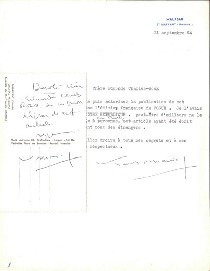 null François MAURIAC (1885-1970). L.S. avec 2 mots autographes avec carte postale...