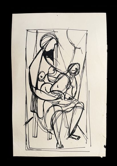 Bengt Lindström (1925-2008) Mother and child. Ink drawing on paper. H_31,8 cm L_21...