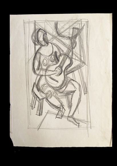 Bengt Lindström (1925-2008) Woman with a guitar. Pencil drawing on paper. H_33 cm...