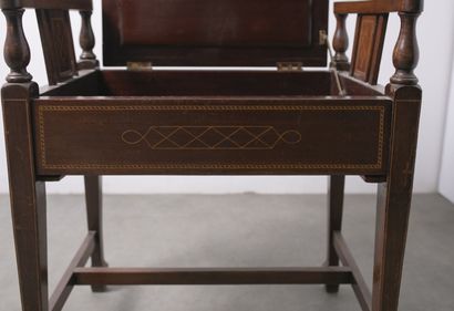 null Mahogany and mahogany veneer and light wood fillet piano bench with geometric...