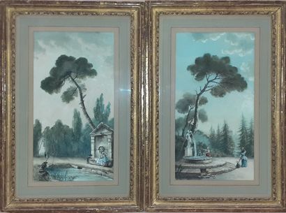 null JC Maillet Personnages dans des paysages aux fontaines Pair of watercolors on...