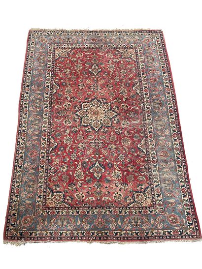 null PERSAN wool carpet. Decorated with a beige and blue poly-lobed rosette. Old...