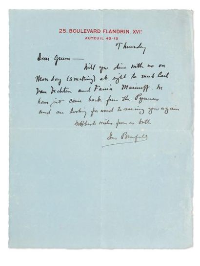 BROMFIELD Louis (1896-1956) Ecrivain américain 3 lettres autographes signées, 2 pages...