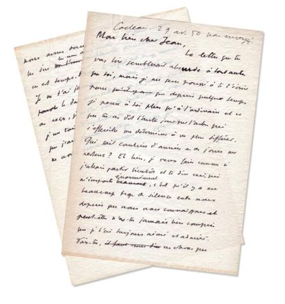 null [COCTEAU Jean] Minute autographe d'une lettre de Julien Green à Cocteau, 1½...
