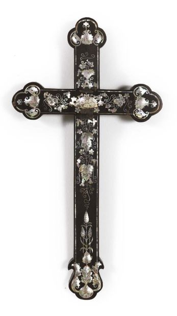  Blackened wood CROSS with mother-of-pearl inlays engraved with vine branches and...