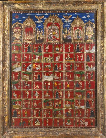 null TANJORE PAINTING REPRESENTING THE SIXTY-THREE NAYANMARS. Polychrome pigments,...