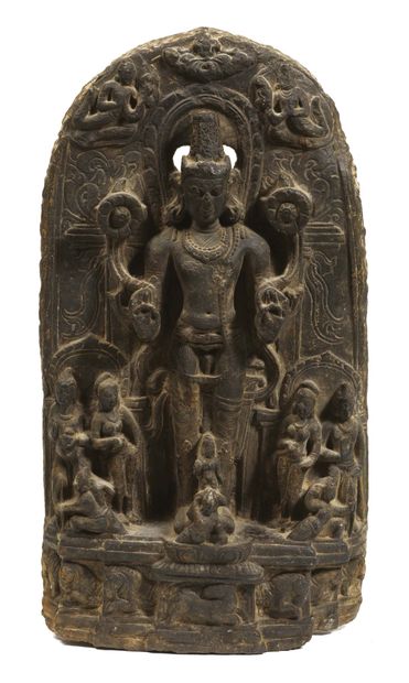 null PALA STELE REPRESENTING SURYA. Black stone probably
Phyllite. Small stele of...