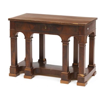 Mahogany and mahogany veneer desk, the belt...