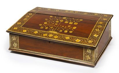 null ANGLO-INDIAN WRITING CASE. Rosewood, ivory inlaid with black lacquer, brass....