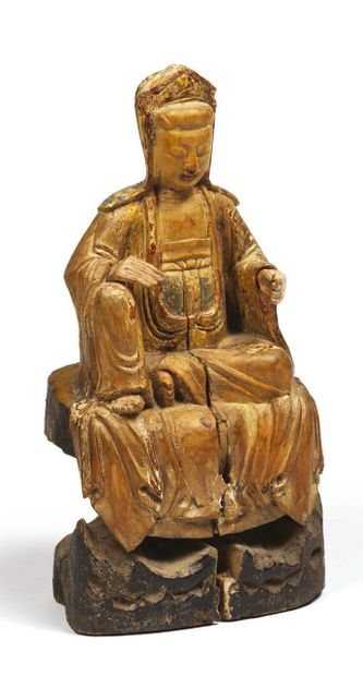 Wooden GUANYIN STATUTE with traces of polychromy,...