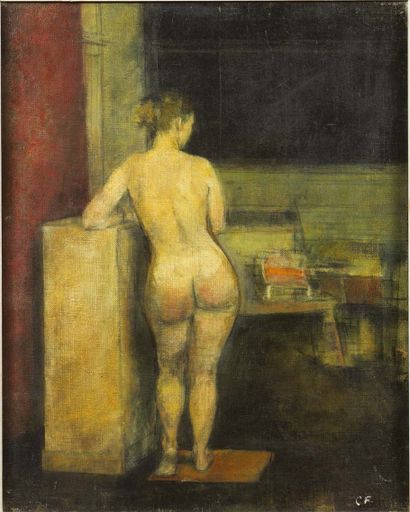 École du XXe siècle Jeune femme nue de dos
Huile sur toile monogrammée CF en bas...