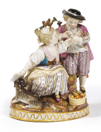 Meissen. 
Polychrome porcelain GROUP representing a bowl of young children. Mark...