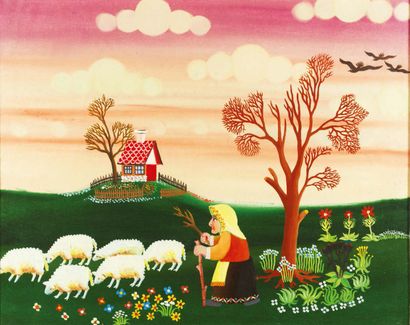 JOVAN VULIC (NÉ EN 1951) Femme et moutons Huile sur toile. Signée et datée «73» au...