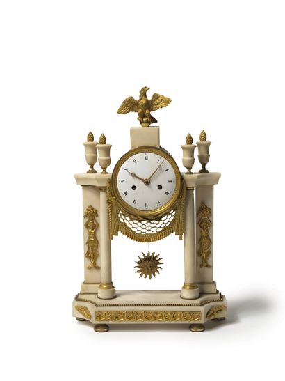 null A white marble PORTICAL HANGER with gilt bronze trim. Enamelled dial in the...